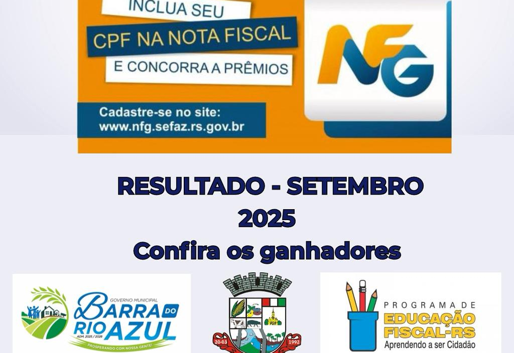 Ganhadores do Programa Nota Fiscal Gaúcha do município de Barra do Rio Azul - sorteio SETEMBRO 2025