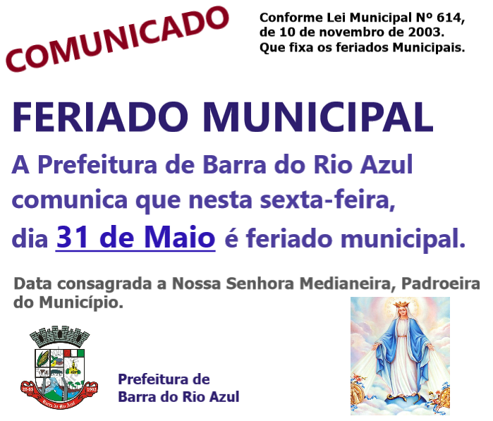 31 de maio Feriado Municipal