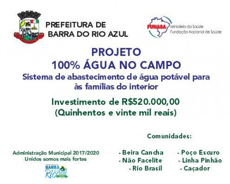 Projeto 100% água no campo vai beneficiar 38 famílias